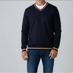 Cotton Knit Blue Tan strip V-neck Sweater  eclectic Grandpa fisherman old money